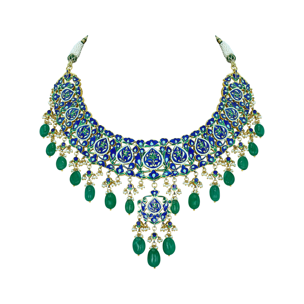 Pear Shaped Polki Choker with Emerald Drops and Cascading Design